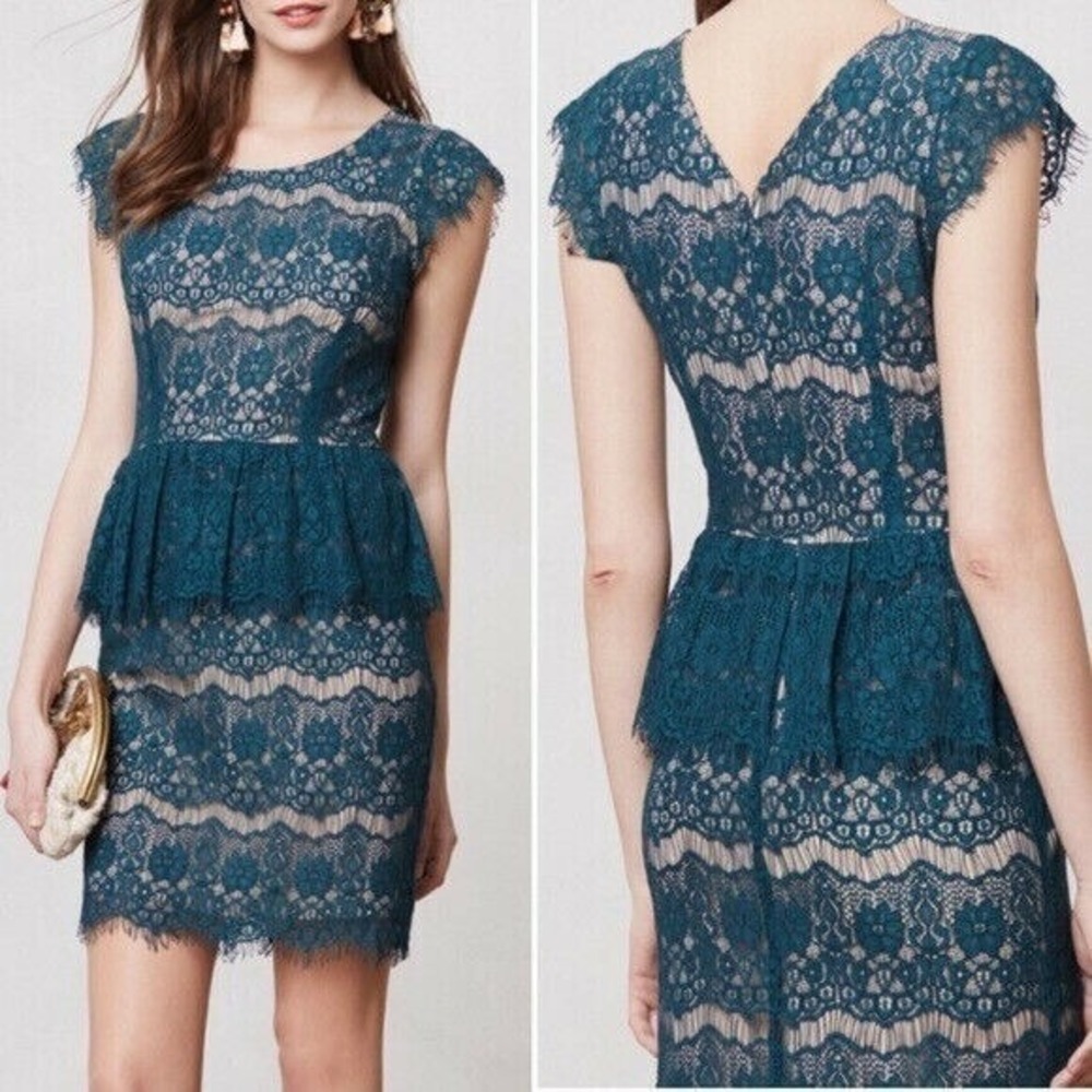Anthropologie Maeve Elsa Peplum Mini Dress Size Small Teal Lace Cap Sleeves